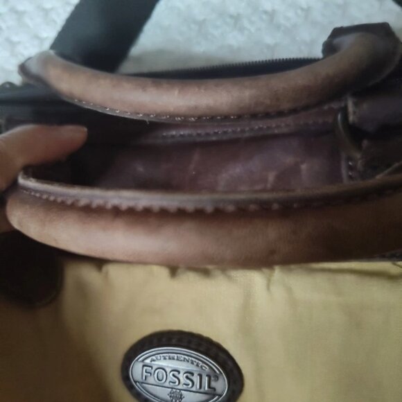 Fossil Cow Hide Leather Canvas Double Handle Laptop Messenger Crossbody Bag Tote - Picture 3 of 8